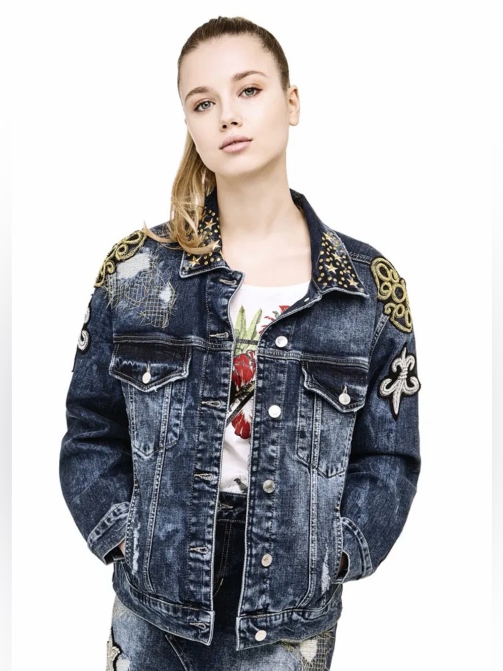Guess Distressed Blue Denim Jacket with Gold Embroidery